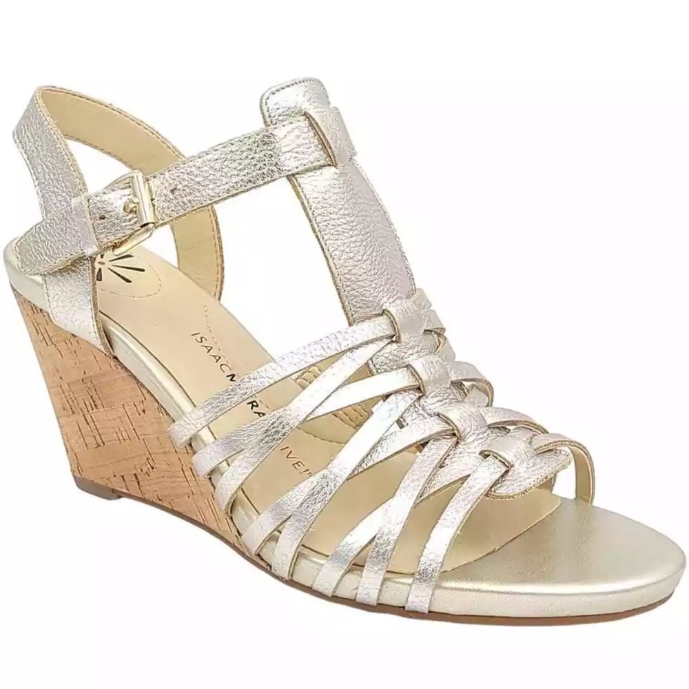 ISAAC MIZRAHI WOMENS SIMMER GOLD LEATHER WEDGE SLINGBACK SANDALS 10W NIB